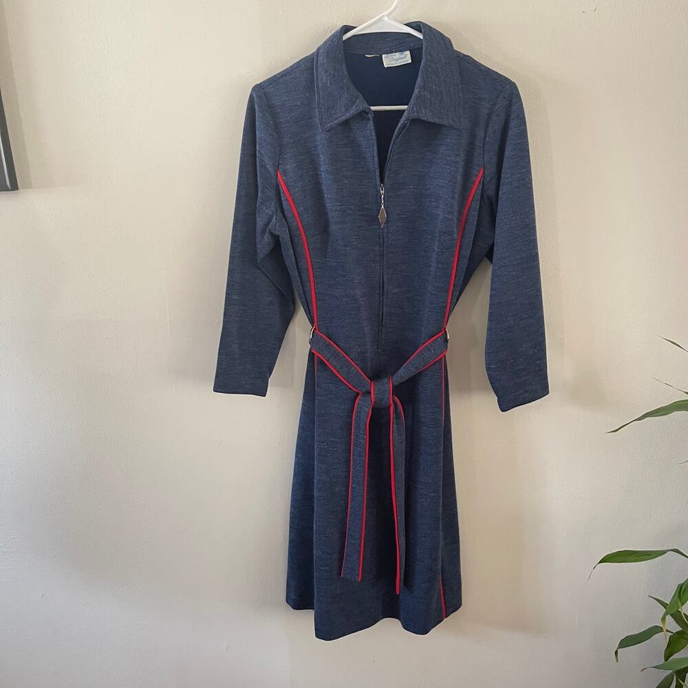 Vintage LORAC Original Knit A-Line Dress Womens M Blue Red Piping Belted 60s